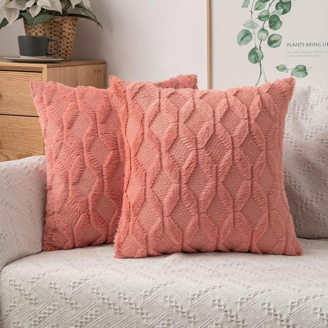 MIULEE Coral Red Throw Pillow Covers 18x18 Set of 2 Spring Decorative Farmhouse Couch Throw Pillows Boho Shells Cute Soft Plush Wool Winter Pillowcases for Bedroom Living Room Sofa
