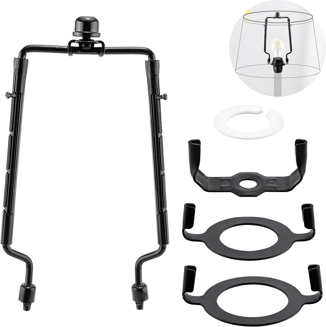Mornajina 7 8 9 10 inch Lamp Shade Harp Holder, Adjustable Lamp Harps and Finals, Fit both Standard Lamp Rod and E26 E27 Light Base UNO Fitter Adapter Converter Finial Set (Black)