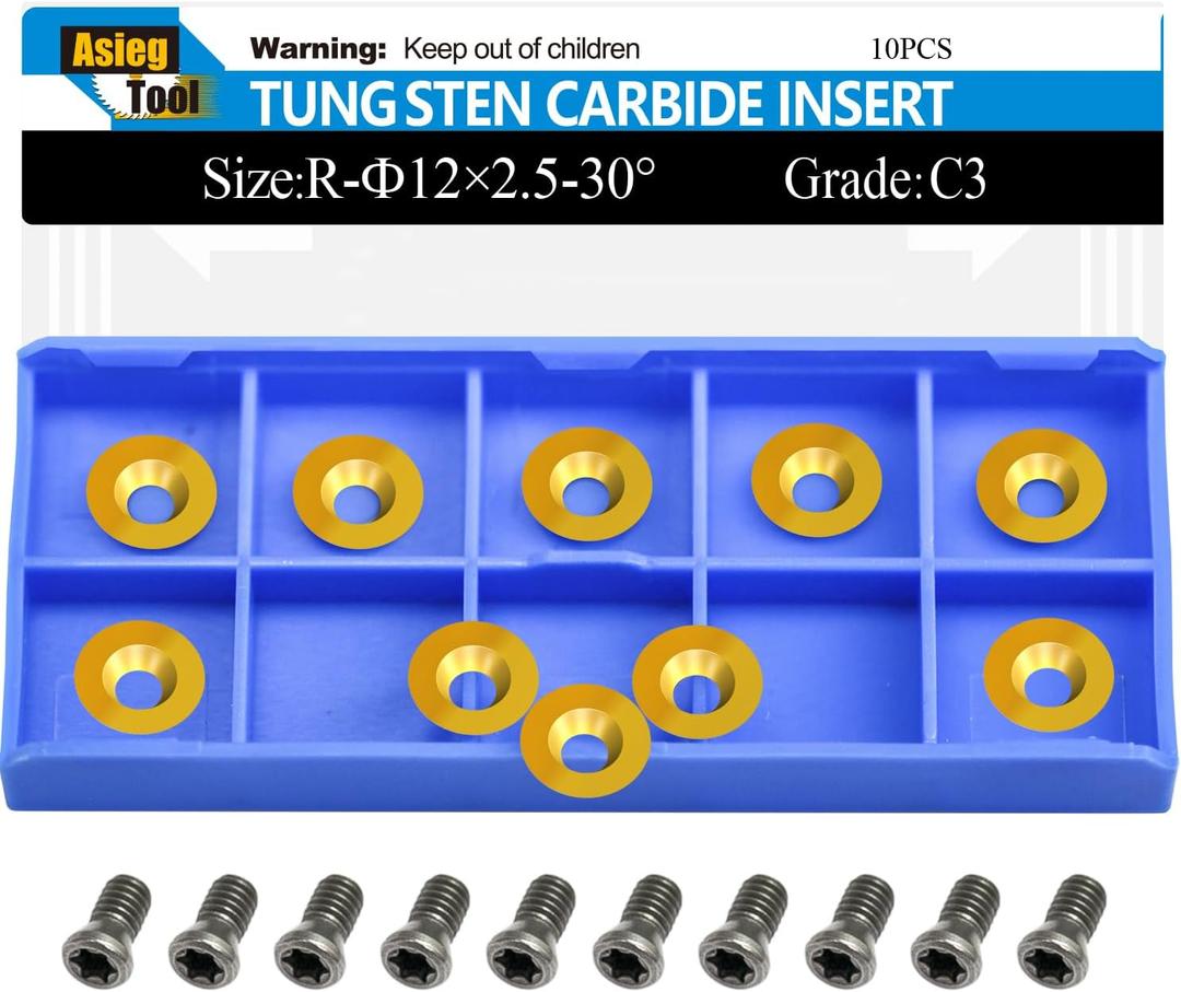 Asieg Tool Ci3 R1 TIN 12mm Round Carbide Inserts Cutters Knifes Titanium plating Indexable Replacement High Strength Fits For Popular DIY Woodworking Lathe Wood Turning Finisher Hollower Tools 10pc