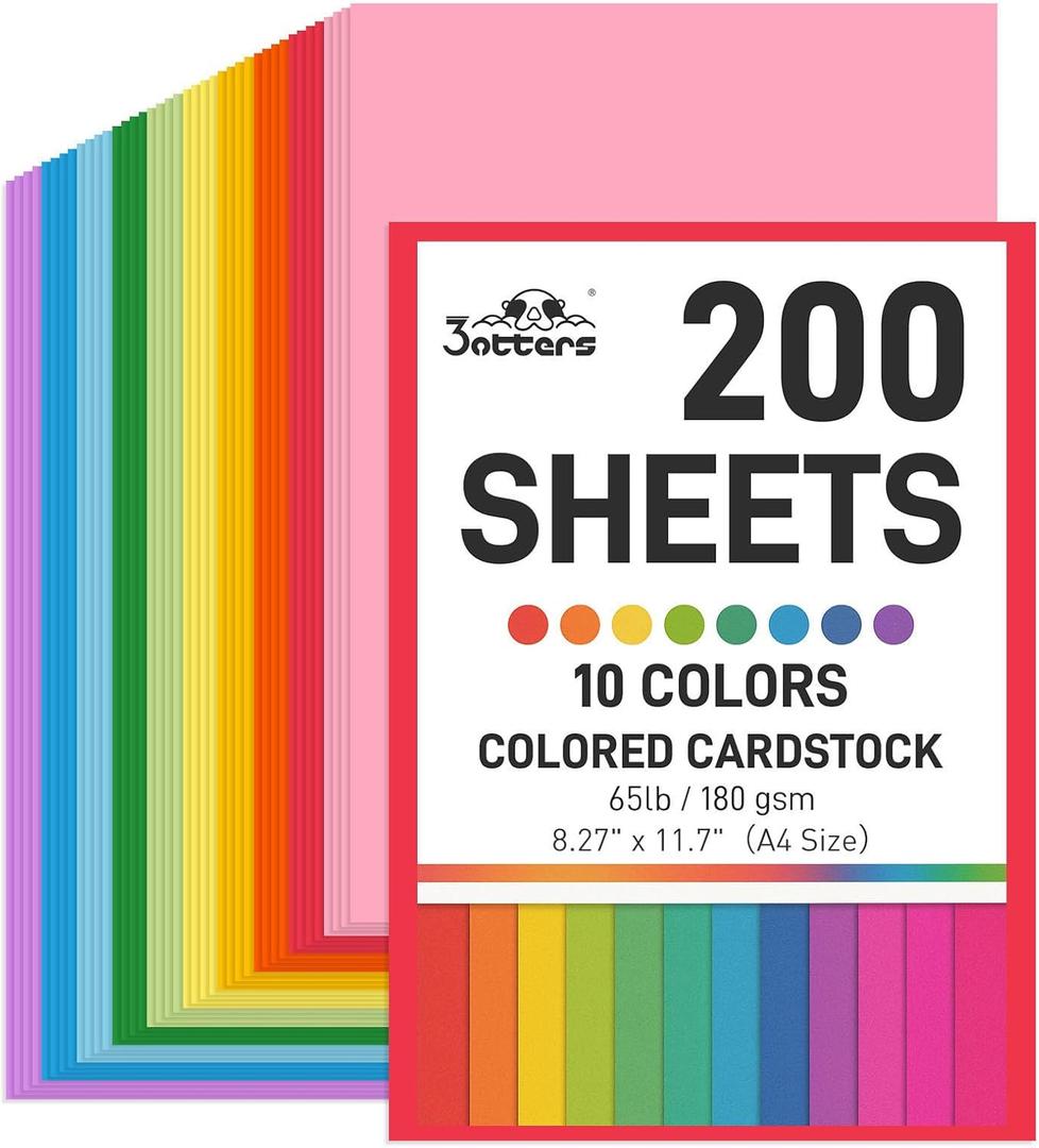 3 otters 200Sheets Construction Paper, Cardstock 8.27" x 11.7", 10 Assorted Colors Card Stock Printer Paper 65lb/180GSM, for Printing, DIY Crafts, Classroom Must Haves, Kids School Supplies, Party Dec
