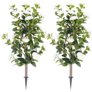 2-Pack 3FT White Artificial Camellia Bushes, UV Resistant Lifelike Faux Flowers with Ground Spike, Zero Care Fake Floral Stems for Indoor Outdoor Patio Porch Decoration