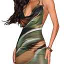 OYOANGLE Women's Tie Dye Graphic Mini Dress Sexy Sleeveless Draped Plunge Halter Bodycon Dresses Green Multicolor Large