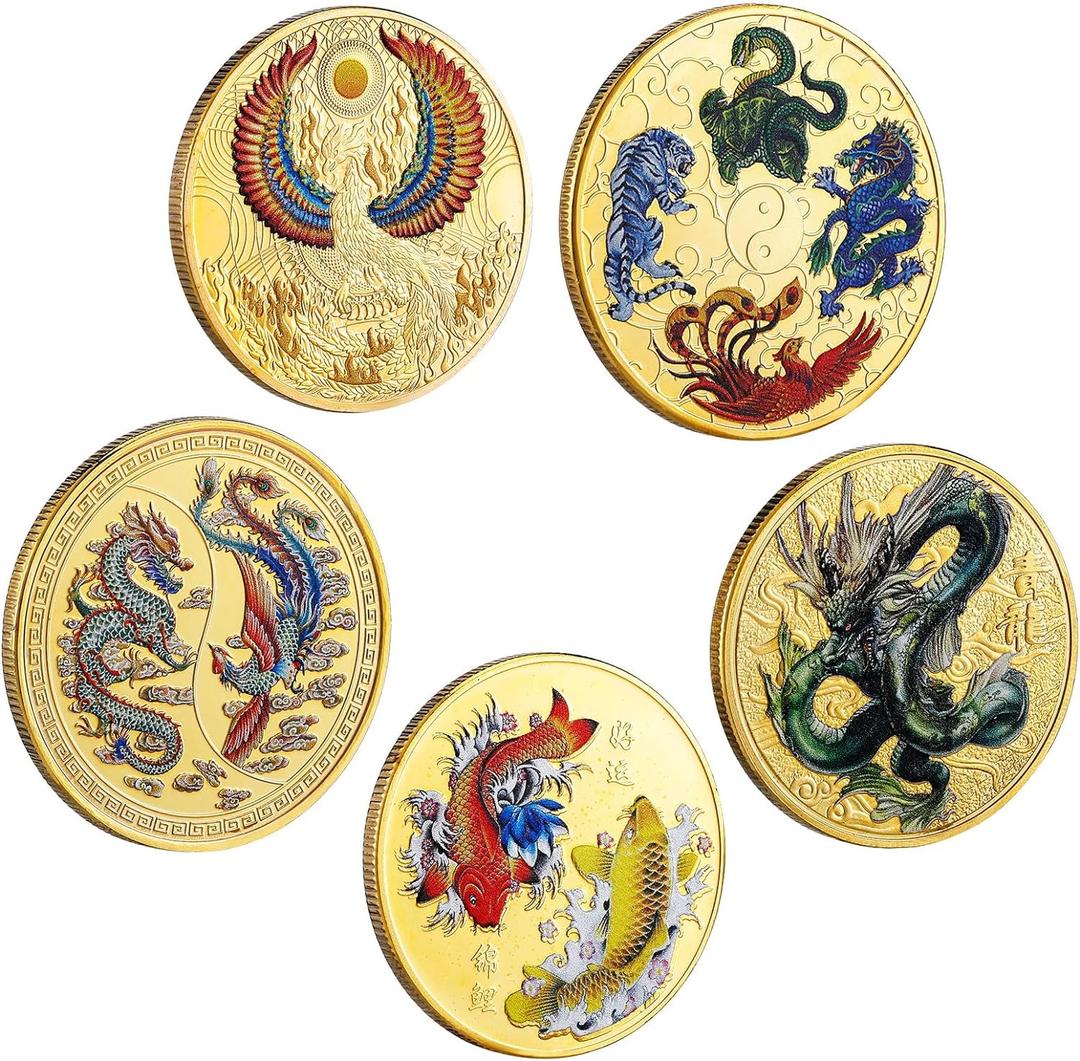 Ecally 5 Pieces Chinese Lucky Coin Ancient Mythical Creatures Charming Ancient Dragon and Phoenix Chinese Coins Animal Commemorative Novelty Metal Specie for Office Fortune Collection Gifts(Classic)