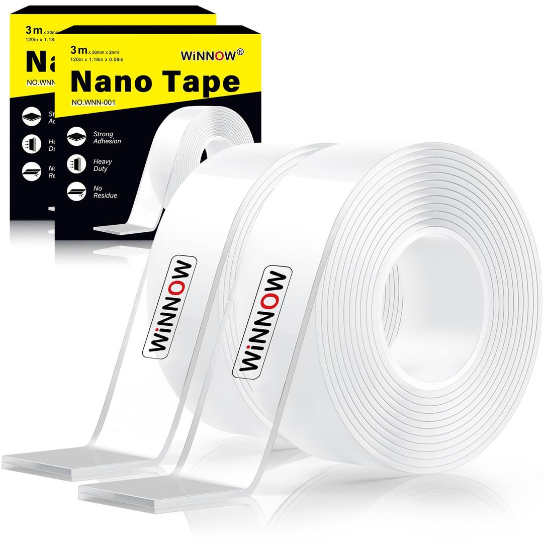 WINNOW Bulk Heavy Duty Nano Double Sided Tape (2 Rolls, 1.2"x120") - Industrial-Strength Adhesive for Student/Office/Classroom/Dormitory Facility Supplies Reusable & Removable Mounting Solution