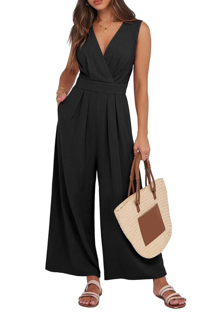 ANRABESS Women Jumpsuits Sleeveless V Neck Elegant Dressy Casual Backless One Piece Pants Romper 2025 Summer Outfits, S, Black
