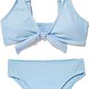 MIENOE Teen Girls' Swimsuits Two-Piece V-Neck Bikini Adjustable Shoulder Straps Swimsuit Kids Bikini with Chest Pad (8-10 Years, Sky Blue - Knot Style)