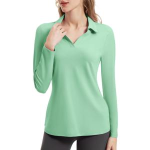 FKEEP Women's Tennis Golf Shirt Long Sleeved Top Sport Activewear V-Neck Workout Athletic (13 Mint Green)