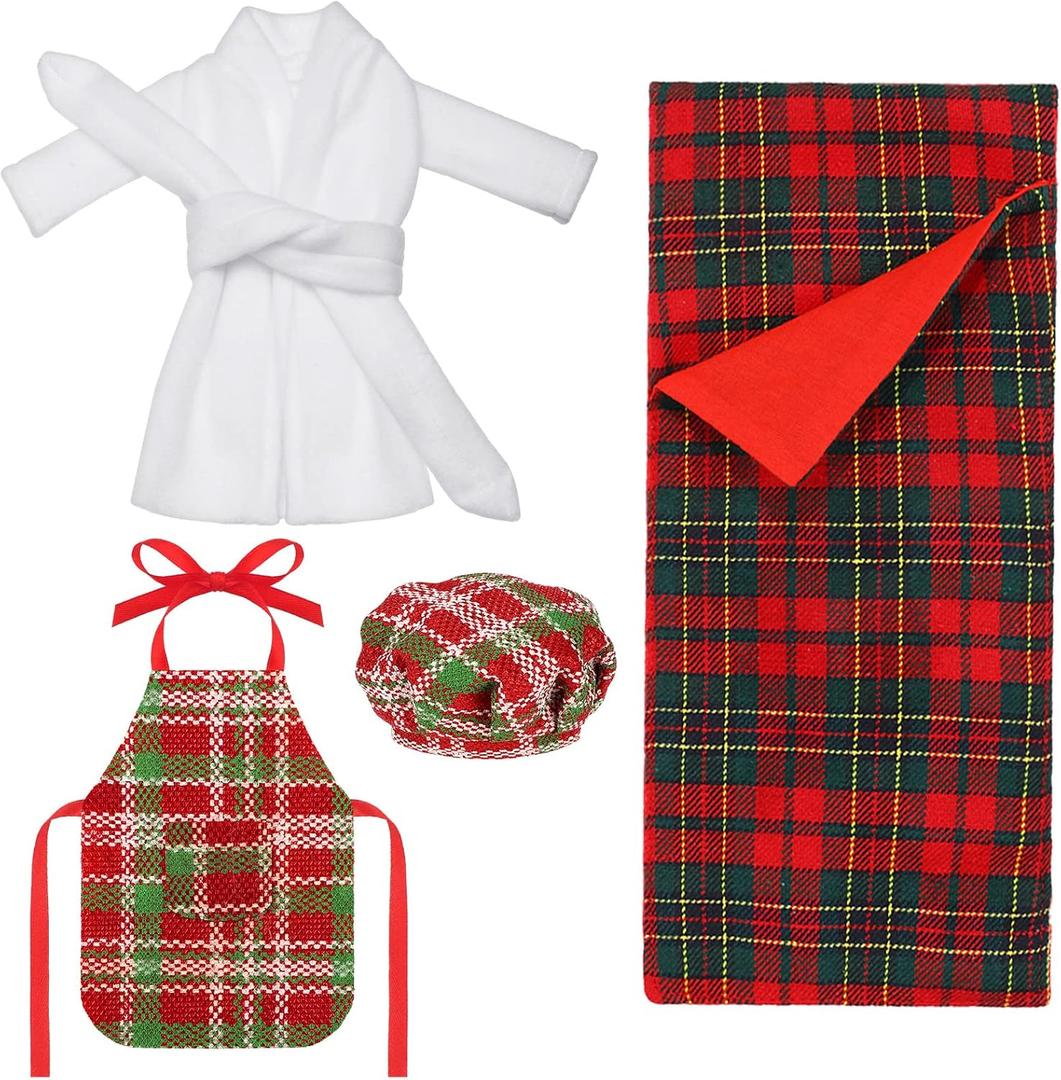 4 Pieces Christmas Elf Accessories Set Santa Clothing Include Elf Sleeping Bag, Bathrobe, Apron and Cap(Plaid Style)