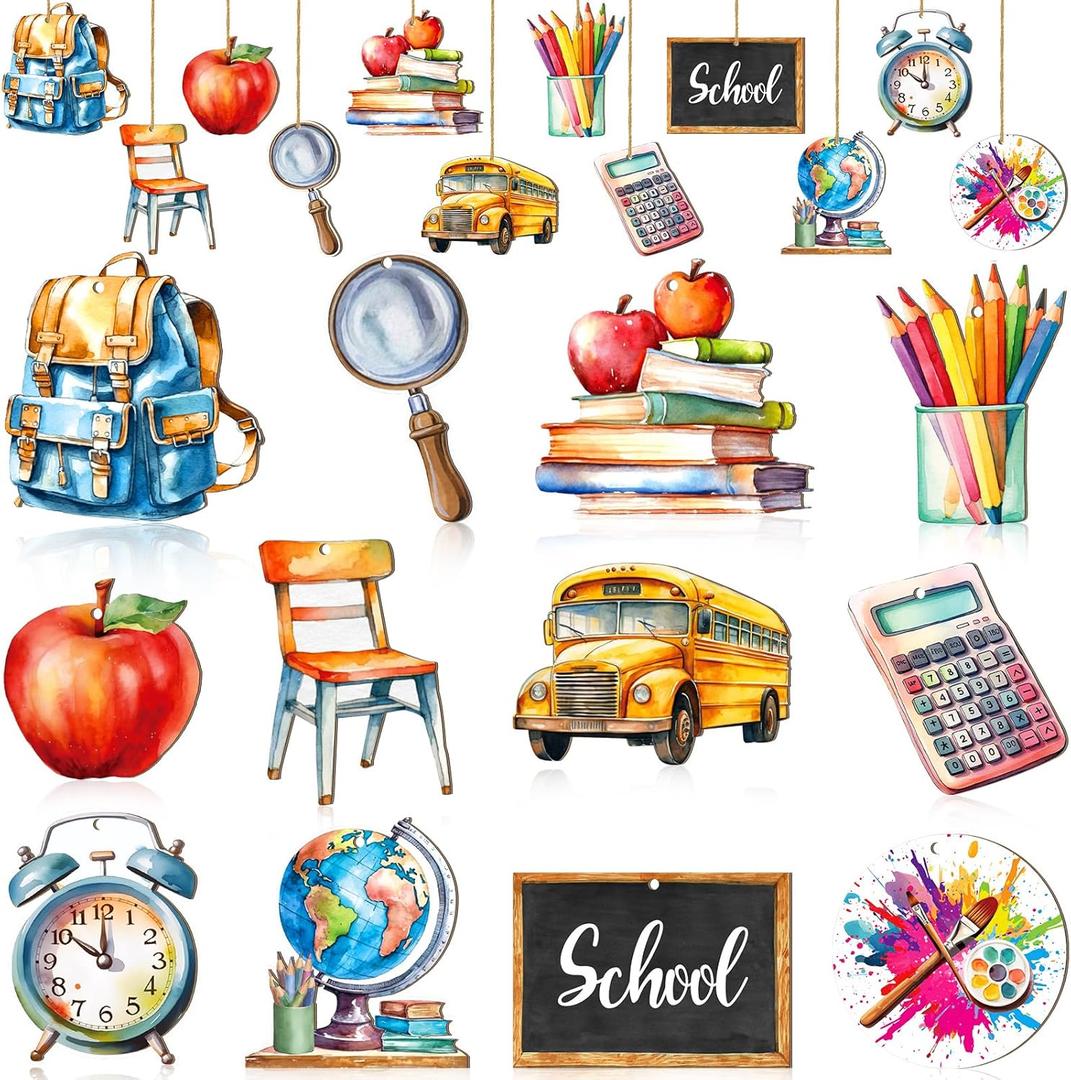 36 Pcs Back to School Ornaments for Tree Wooden First Day of School Tree Decorations Book Pencil Hanging Ornament Teacher Wood Slices Pendant for Classroom Window Party Decor