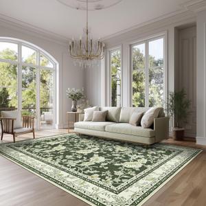 Olive Green Floral Print Area Rugs for Bedroom Living Room Boho Farmhouse Country Rustic Dining Room Carpet Soft Washable Rugs Non Slip Floor Covering for Nursery Playroom 5x7