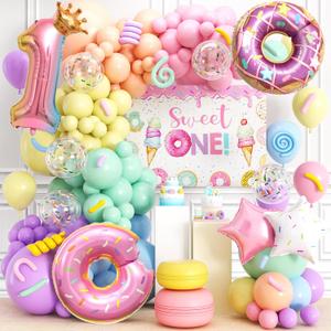 178 Sweet One Birthday Party Decorations Donut 1st First Birthday Decorations for Girl, 28" Donut Balloons Backdrop Pastel Rainbow Balloon Arch Kit, Ice Cream Candy Rainbow Theme Party Decor Supplies
