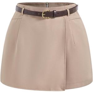 Women's Wrap Wide Leg Tailored Shorts Belted High Waisted Dressy Casual Skort (Beige, L)