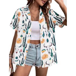 Western Button Down Shirts Women Cowgirl Vintage Print Short Sleeve Tops Cute Summer Country Concert Outfit (Large, Apricot)