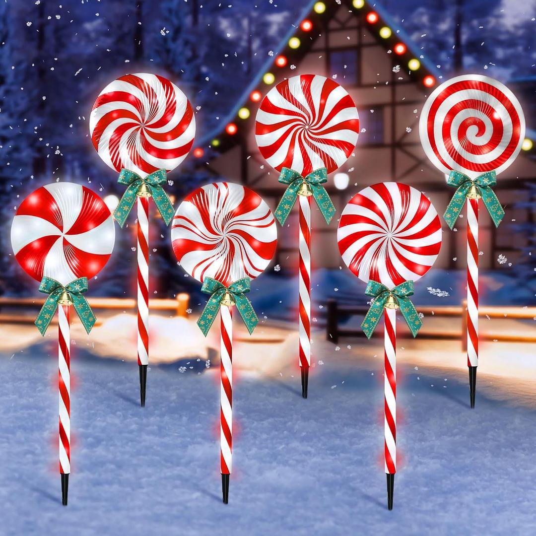 ElectricWise 6 Pack Christmas Lollipop Pathway Lights Outdoor with Bows, 22.8" 120 LED Peppermint Candy Cane Lights 8 Modes Timer Waterproof for Xmas Garden Yard Outsides Decoration(Red White)