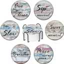 Absorbent Round Marble Coasters Set of 6 with Holder & Cork Backing, Funny Sayings Ceramic Home Decor for Housewarming Gifts, Modern Aesthetic Accessory for Coffee Drinks Table Outdoor House Office (Purple)