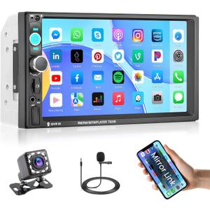 Hikity 7 Inch Double Din Car Stereo, 1080P Touchscreen Car Radio Bluetooth Audio Receiver Support Backup Camera, Mirror Link, FM, EQ, SWC, USB, MIC