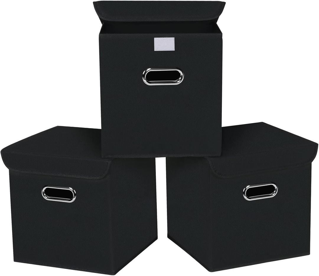 Closet Organizers Fabric Storage Bins With Lids Collapsible Cube Storage Organizer Basket With Handles,Storage Boxes for Clothes Storage,Office,Toys,3 Pack,Black