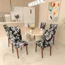 Stretch Dining Chair Covers Set of 6,Floral Print Chair Covers,Soft Removable Washable,Pet Friendly Furniture Protector,Universal Chair Slipcovers for Home, Kitchen,Ceremony Dining Room Seat (Black Base White Rose)