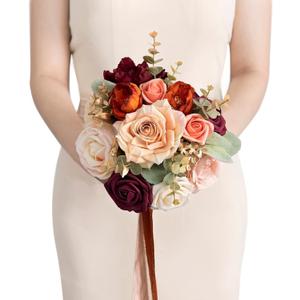 Ling's Moment Terracotta Bridesmaid Bouquet, Burnt Orange Wedding Bouquets for Bridesmaids, 7 Inch Bridal Bouquets for Bridesmaids, Wedding Decor, Ceremony, Anniversary, Homecoming, etc.