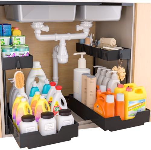 2-Tier Under Sink Organizers, 2 Pack Sliding L-shape Cabinet Organizers Narrow Space Storage Shelves Multi-purpose Sink Organizer Baskets with 4 Hook for Kitchen Bathroom Drawer, Black