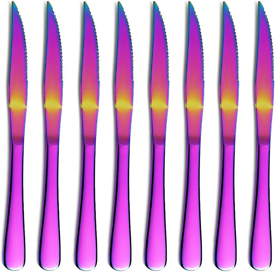 Rainbow Steak Knife Set, Kyrtaon Colorful Serrated Knife, Titanium Mutil-color Plating Stainless Steel Sharp Knives Set, Dinner Knifes Set of 8, Dishwasher Safe Sturdy And Easy To Clean