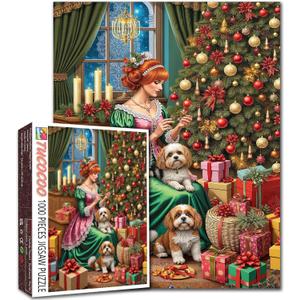 Victorian Lady and Dog Jigsaw Puzzles 1000 Pieces Christmas Tree Art Jigsaw Puzzles for Challenging Family Activity Games DIY Handwork Puzzle for Home Wall Decor Gifts 20x27 Inches (Santa-09)
