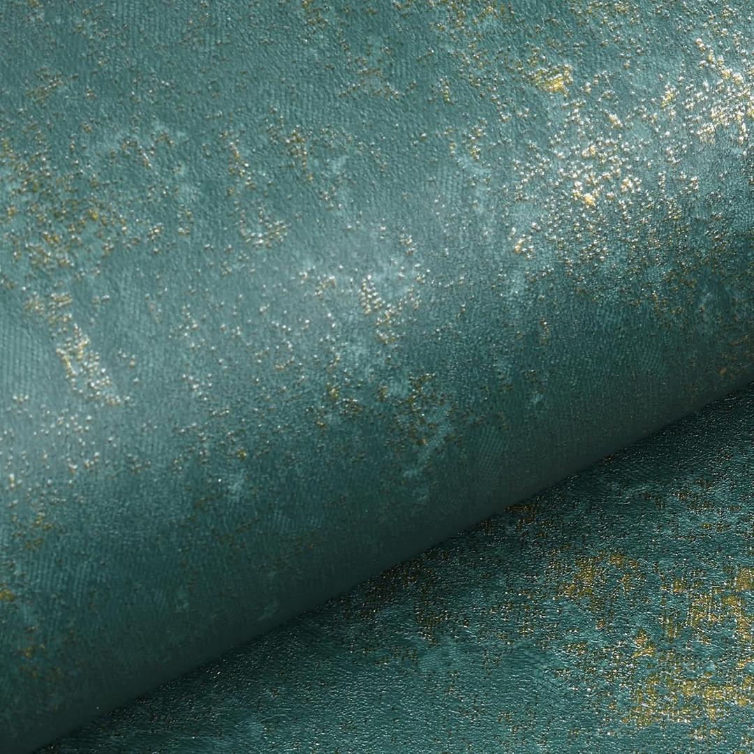 Livelynine Green Textured Wallpaper Peel and Stick Dark Limewash Emerald Green and Gold Wallpaper Self Adhesive Lime Wash Concrete Texture Renter Friendly Vintage Contact Paper for Cabinets 15.8x78.8