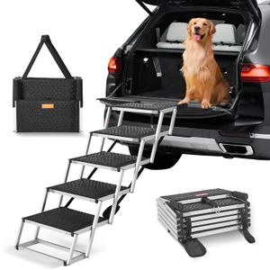 VEVOR Dog Stairs for Car Wide 5-Steps,Folding Dog Car Ramp with Nonslip Surface, Portable Pet Steps Lightweight Aluminum for Car, SUV and Truck, Supports up to 150 lbs