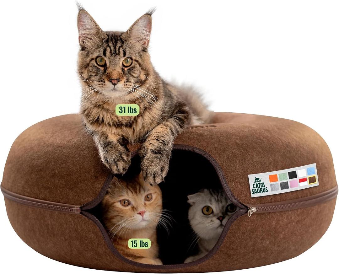 Cattasaurus Peekaboo Cat Cave Donut for Multiple & Large Cats up to 30-45 lbs, 3-in-1 Self Warming Cat Bed, Tunnel & Scratcher for Indoor Cats, Washable & Detachable Small Dog Bed (Brown, Jumbo)