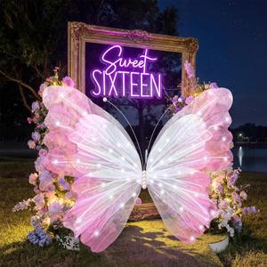 47 Inch Giant Butterfly Party Decoration Mariposas Grandes para Backdrop Decor Large 3D Silk Light up LED Butterfly Backdrop for Spring Wedding Baby Shower Birthday Fairy Garden Party Outdoor(Pink)