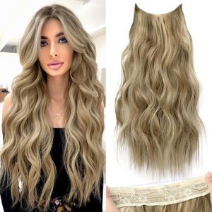 KooKaStyle Invisible Wire Hair Extensions with Transparent Headband Adjustable Size 4 Secure Clips Long Wavy Secret Wire Hairpiece for Women(24Inch Light Brown mix Golden Blonde)