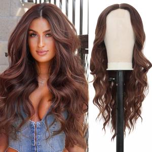 YXCHERISHAIR Long Wavy Wigs for Women Brown Middle Part Curly Wavy Wig Natural Looking Synthetic Heat Resistant Fiber Wig for Daily Party Use (26inch, Brown)