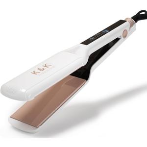 K&K 2.25 Inch Flat Iron Hair Straightener, Professional Extra Wide Hair Straighteners for Therapy Keratin, 3D Floating Ceramic Tourmaline Coating Plate Irons for Thick Hair, Damage and Frizz (White)