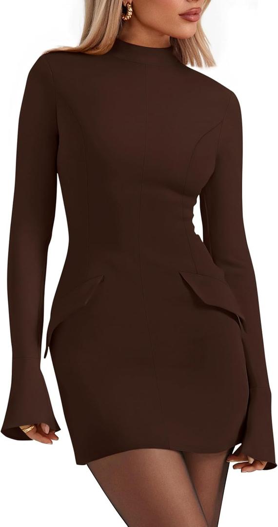 PRETTYGARDEN Womens Short Formal Dresses Fall Long Sleeve Mock Neck Elegant Cocktail Party Club Bodycon Mini Dress (Brown,Small)