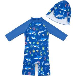 upandfast Baby/Toddler Swimsuit UPF 50+ Sun Protection One Piece Zipper Bathing Suit with Sun Hat Infant Beach Swimwear (3-6 Months, Blue Shark(ls))