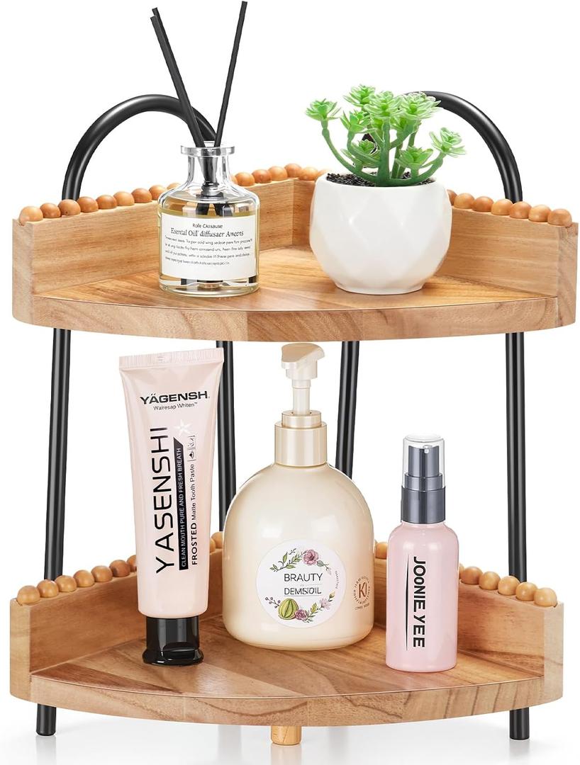 AceOrbit 2 Tier Bathroom Corner Counter Organizer Countertop Organizer, Vanity Counter Corner Shelf for Cosmetic Skincare Perfume, Wood Bead Storage and Organization for Bathroom Kitchen