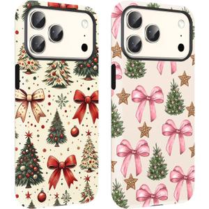 Vulfwela 2 Pack Merry Christmas Tree Bow Phone Case for iPhone 17 Pro Max Case 6.9", Cute Xmas Star Pattern Design Phone Cover Hard PC Shockproof Soft TPU 2-in-1 Matte Protection Funda for Girls Women