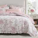 Madison Park Essentials Floral Comforter Set King Size, Complete Vintage Bedding with Sheet Set, Elegant Bed in a Bag with Reversible Ruffle Comforter for Girls, Adele Pink