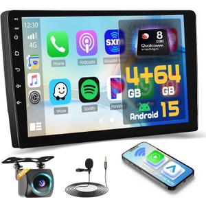 [8-Core 4+64GB ] 10.1inch Android 15 Double Din Car Stereo, Hikity Qualcomm Touchscreen Car Radio Wireless Carplay Android Auto with GPS Bluetooth 5G WiFi Backup Cam DSP/FM/RDS SWC Mic