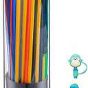Straw Holder Dispenser for Counter - Clear Glass Drinking Straw Container with Lid - 2 Straw Covers and 35 PCS Straws include by BIGINIWA