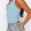 ForeFair Halter Tank Tops for Women Going Out Top Double Lined Crop Backless (Blue, L)