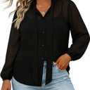 Womens Plus Button Down Shirts Chiffon Long Sleeve Tops for Women Bow Tie Neck Blouse Elegant Business Casual Outfits, XL