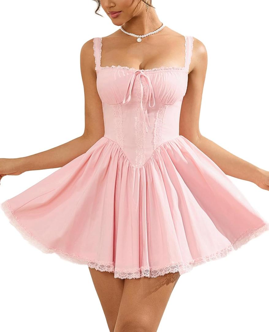 Womens Summer Floral Mini Dress Square Neck Tie Front Lace Spliced Ruched Backless Casual Party Graduation Short Dresses (Pink, L)