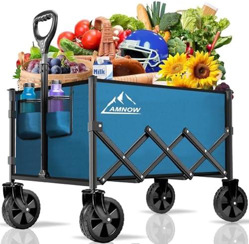 Collapsible Folding Wagon Cart, 350LBS Utility Large Capacity Cart Foldable Wagon with All Terrain Wheels, Grocery Wagons Carts for Garden Shopping Sports Camping, Blue