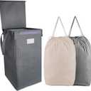 MCleanPin 210L Laundry Hamper with Lid and 2 Removable Liners, Collapsible Dirty Clothes Hamper with 2 Handles, Collapsible Laundry Basket Baby Nursery Hamper Dorm Room Basket for College,(Grey)