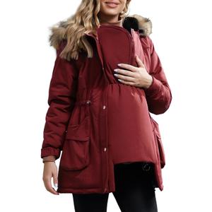 Maacie Maternity Winter Coat,3 In 1 Thickened Jacket,Fleece Lined Warm Hooded Outwear With Pockets (Medium, Wine Red)