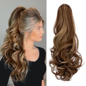 FELENDY Ponytail Extension Claw 18" 20" Curly Wavy Straight Clip in Hairpiece One Piece A Jaw Long Pony Tails for Women Ash Blonde Mix Light Brown (Ash Blonde Mix Light Brown-C)