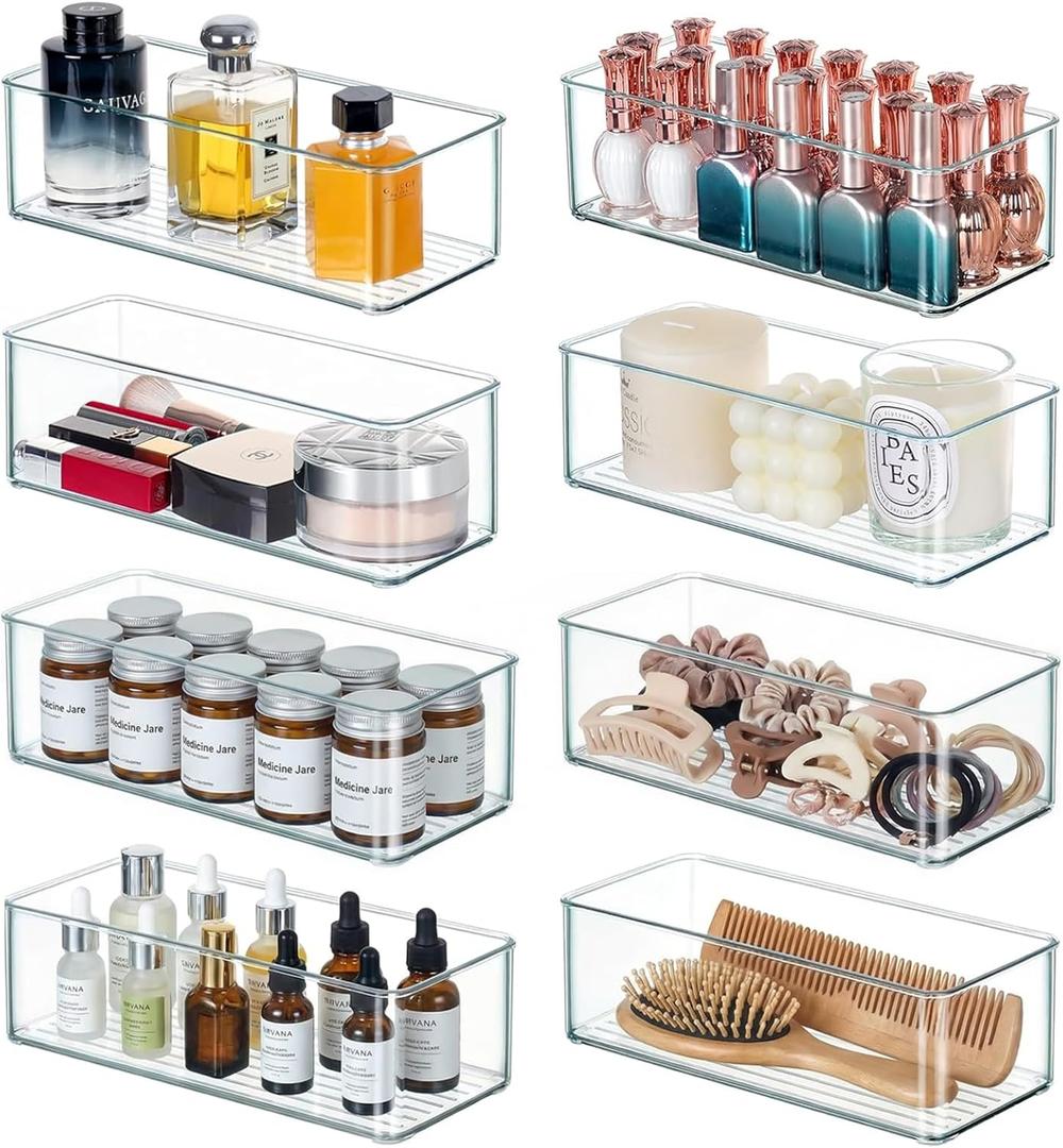 8 PACK Drawer Organizer Bins Bathroom Deep Drawer Organizer Tray for Cutlery Vanity Make-up, Clear Stackable Storage Bins for Kitchen Cabinet Closet Counter Organization and Storage