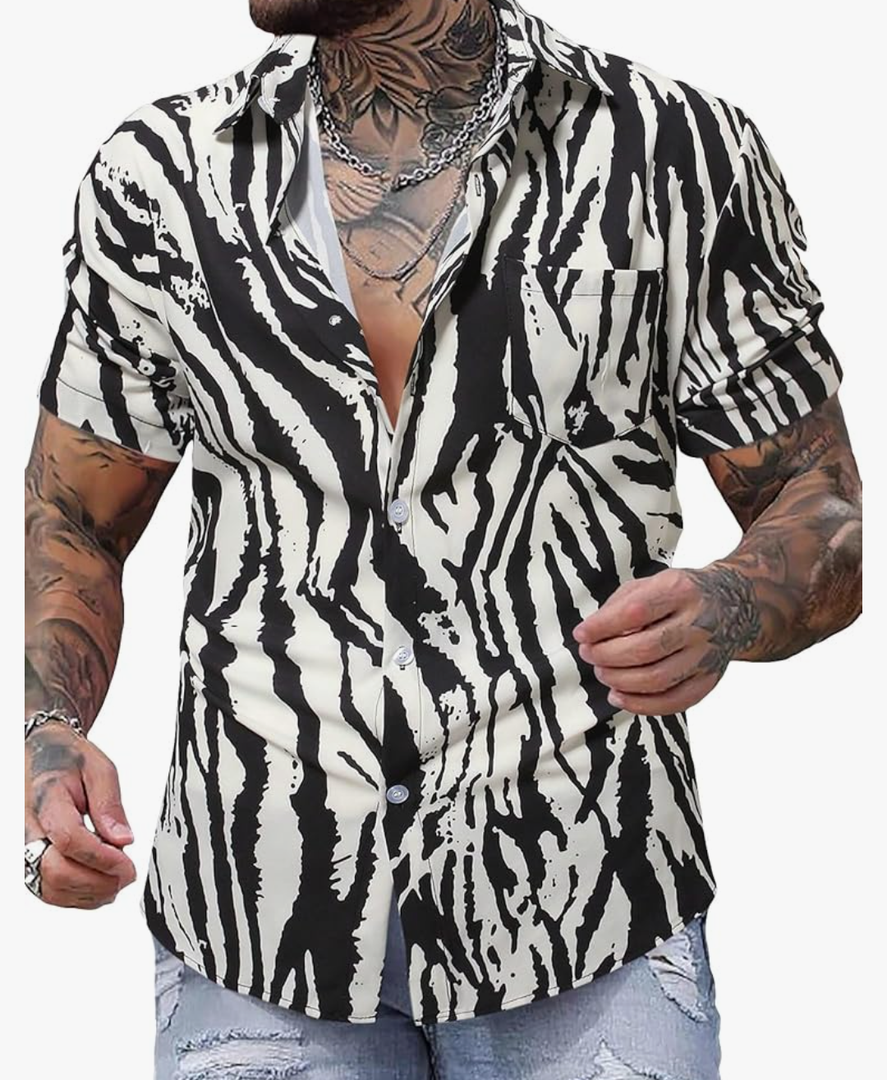 Men's Hawaiian Zebra Print Shirt Button Up Short Sleeve Collar Animal Print Shirt Tops Cheetah Print Tops (XXL)