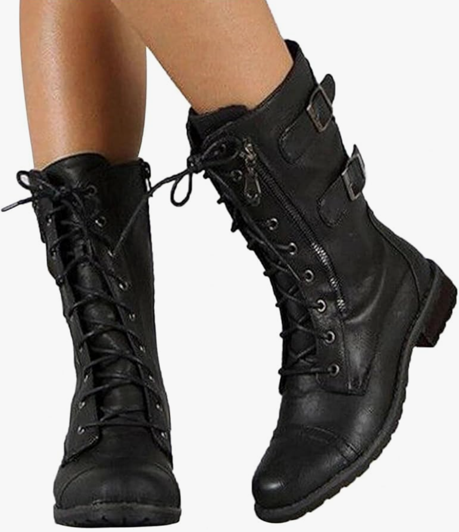 Hbeylia Women's Combat Boots With Side Zipper Pockets Fashion Casual Leather 10-Eyes Lace Up Mid Calf Anti Slip Platform Wedge Low Heels Motorcycle Riding Short Boots For Women Winter Shoes, Size 9.5